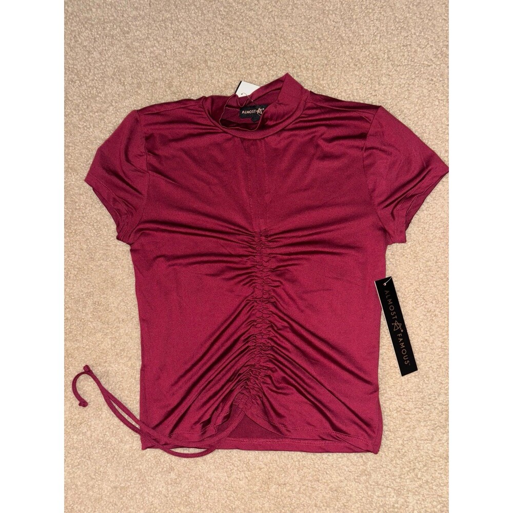 Almost Famous Cinch Crop Top Shirt Wine Color Stretchy Size Medium SEE MEASUREMT
